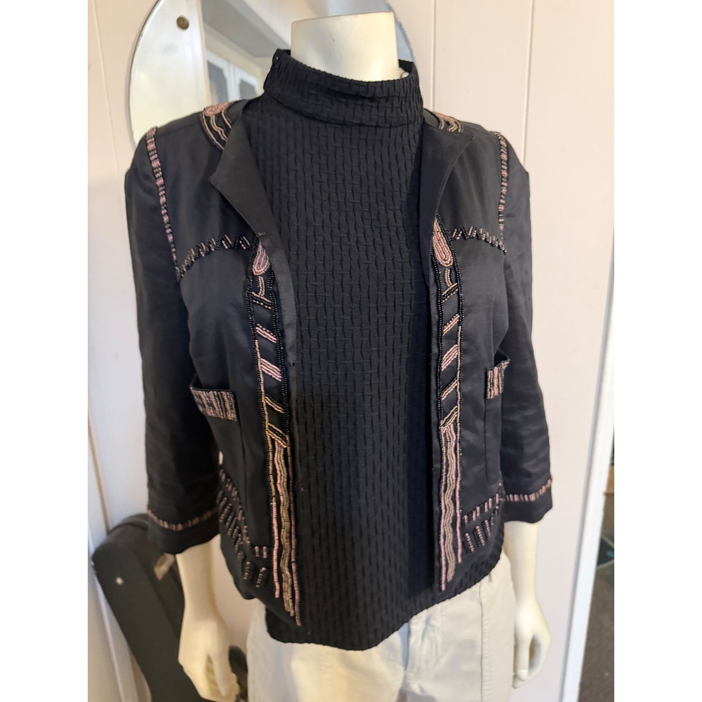 DKNY Womens Black Beaded Open Front Cropped Jacket Size 4 Pink Gold Accents - Picture 2 of 12